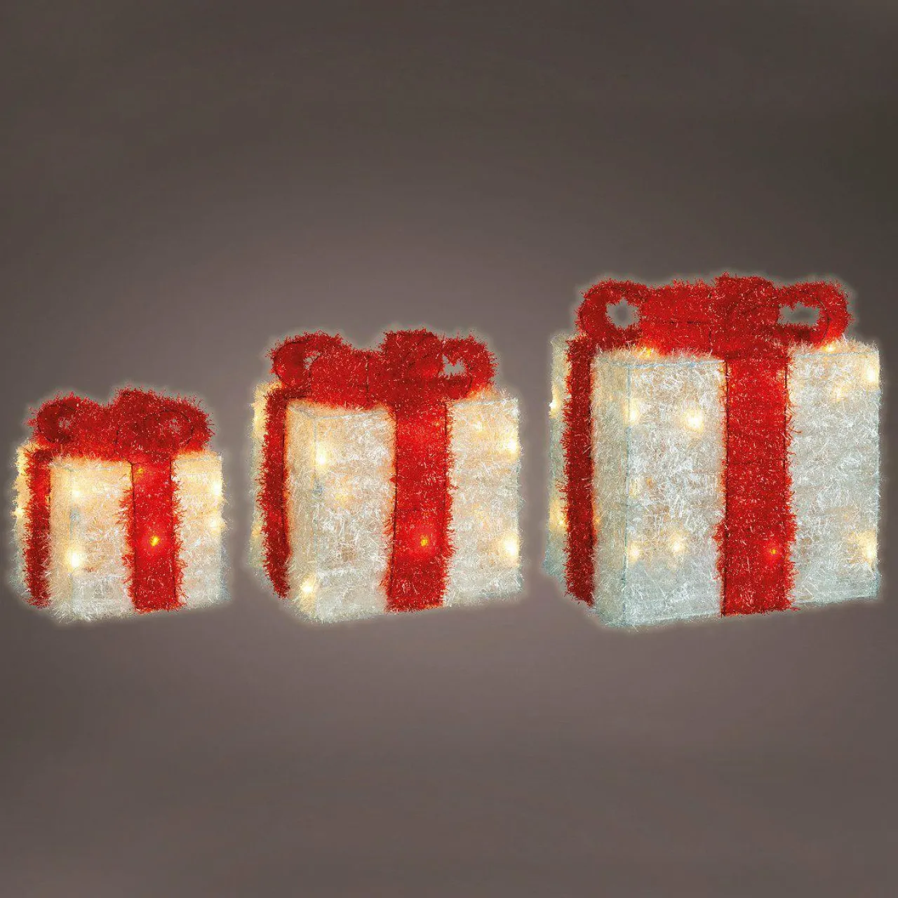 Déco Et Objet De Noël|Déco Et Objet Lumineux|EMINZA Lot de 3 cadeaux lumineux à piles 65 LED (H30 cm) Ruban Rouge et Blanc chaud