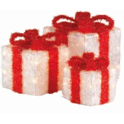 Déco Et Objet De Noël|Déco Et Objet Lumineux|EMINZA Lot de 3 cadeaux lumineux à piles 65 LED (H30 cm) Ruban Rouge et Blanc chaud