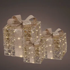 Déco Et Objet De Noël|Déco Et Objet Lumineux|EMINZA Lot de 3 cadeaux lumineux à piles 30 LED (H30 cm) Féerie et Blanc chaud Or