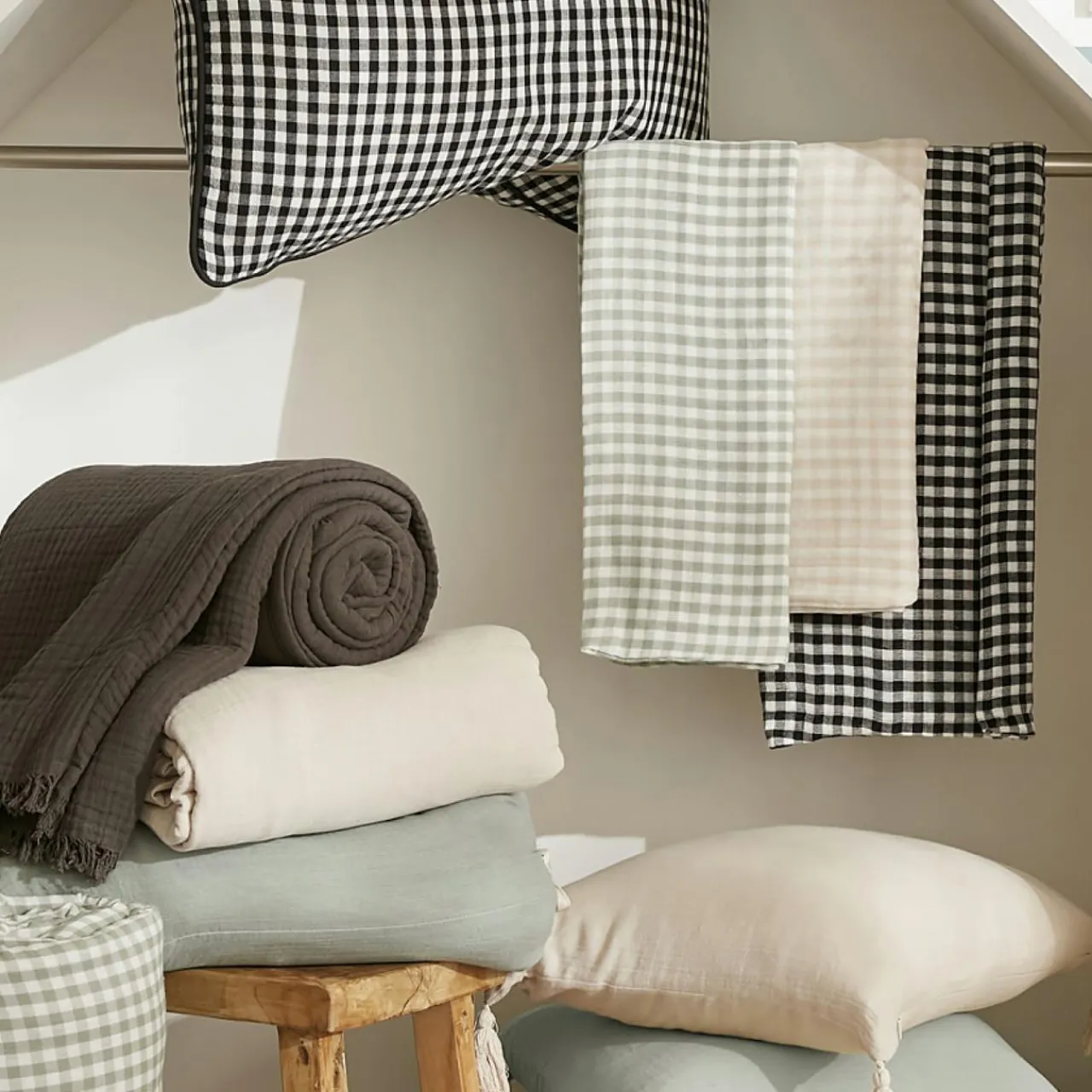 Accessoire Cuisine|EMINZA Lot de 2 essuie-main gaze de coton (50 x 70 cm) Gaïa vichy e Noir