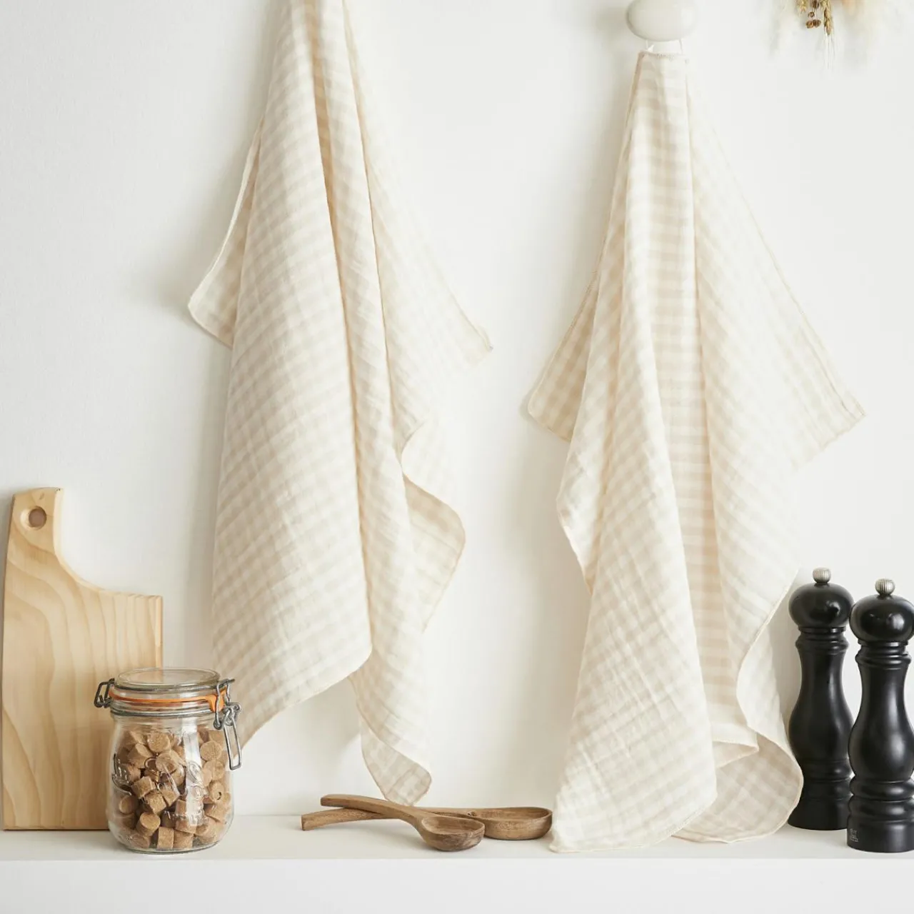 Accessoire Cuisine|EMINZA Lot de 2 essuie-main gaze de coton (50 x 70 cm) Gaïa vichy Beige