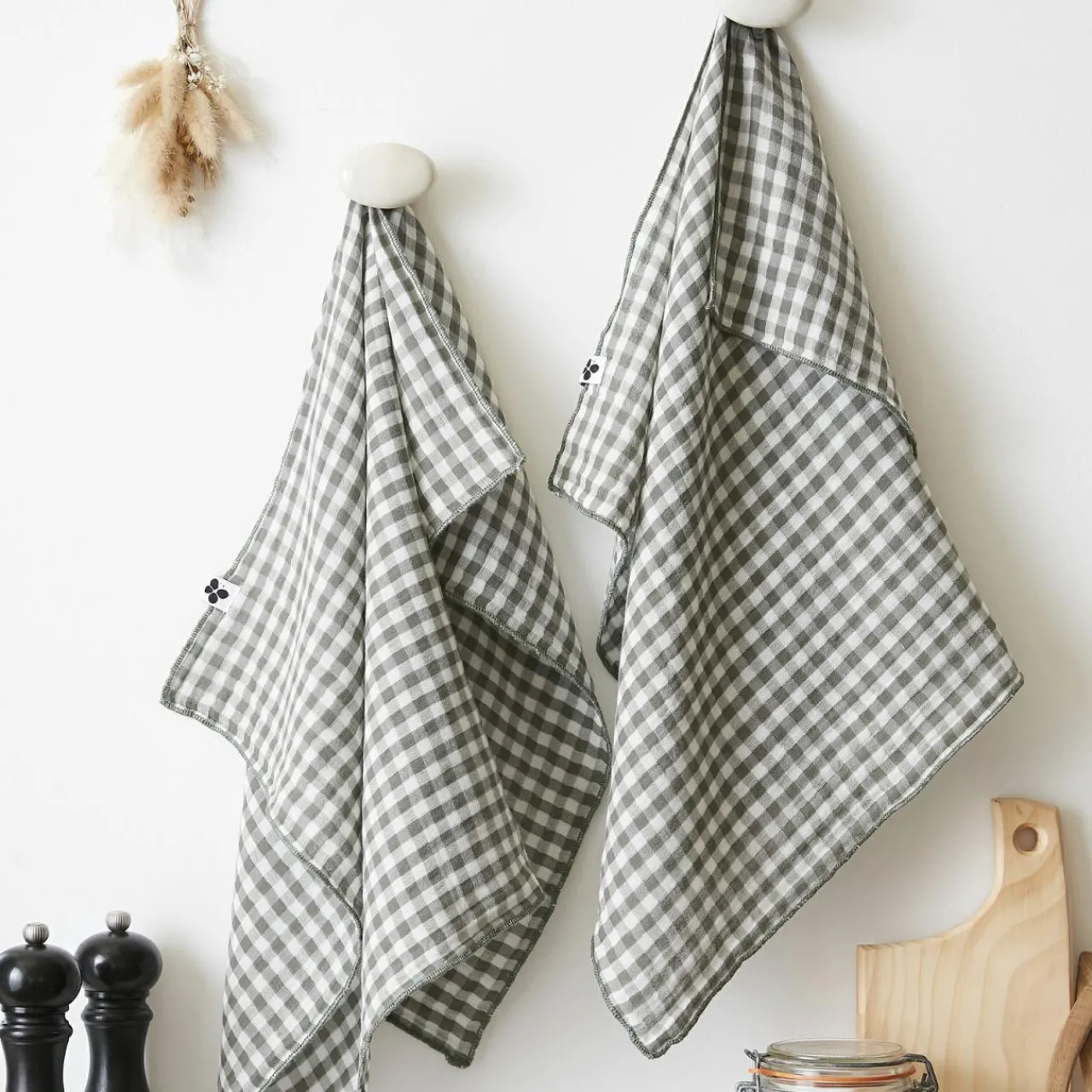 Accessoire Cuisine|EMINZA Lot de 2 essuie-main gaze de coton (50 x 70 cm) Gaïa vichy Vert romarin