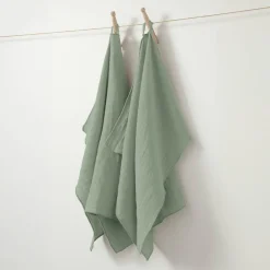 Accessoire Cuisine|EMINZA Lot de 2 essuie-mains gaze de coton (70 cm) Gaïa Vert Eucalyptus