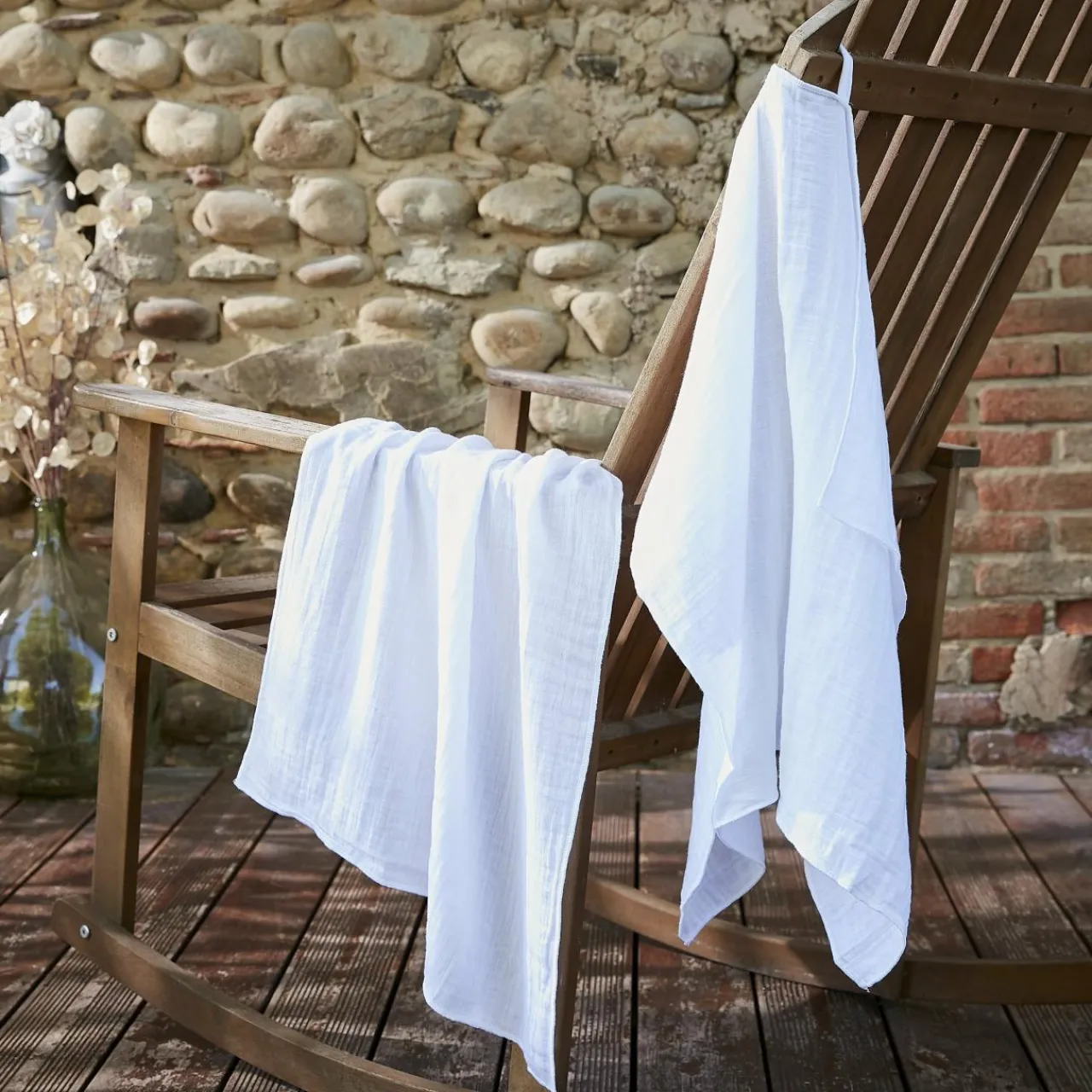 Accessoire Cuisine|EMINZA Lot de 2 essuie-mains gaze de coton (70 cm) Gaïa chantilly Blanc