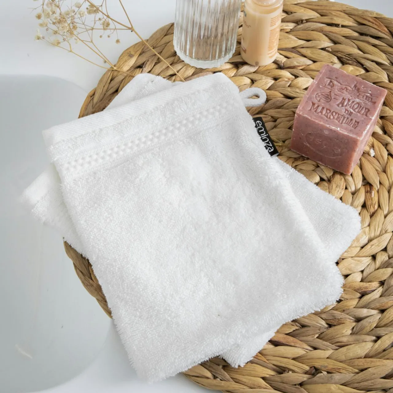 Linge De Bain|Gant De Toilette|EMINZA Lot de 2 gants de toilette coton bio (15 x 21 cm) Méline chantilly Blanc