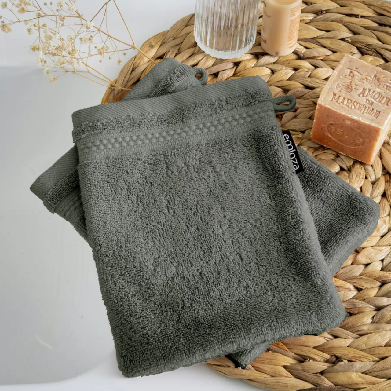Linge De Bain|Gant De Toilette|EMINZA Lot de 2 gants de toilette coton bio (15 x 21 cm) Méline Vert romarin