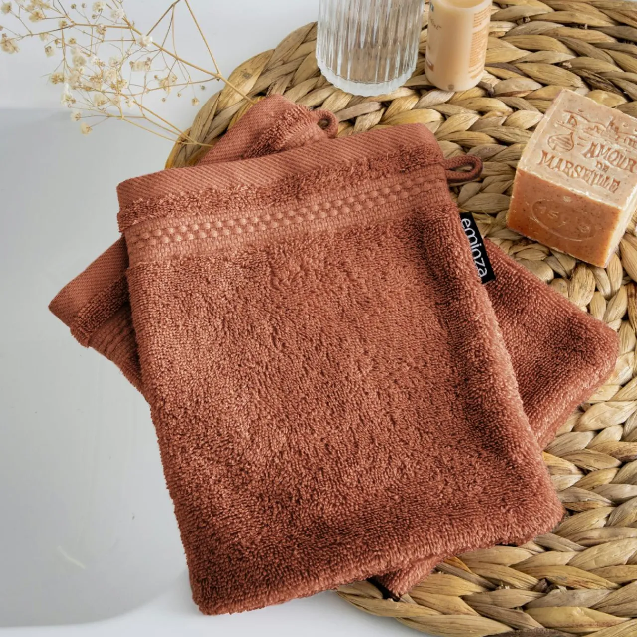 Linge De Bain|Gant De Toilette|EMINZA Lot de 2 gants de toilette coton bio (15 x 21 cm) Méline Terracotta