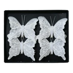 Décoration De Sapin|KAEMINGK Lot de 4 Papillons sur pince (H8 cm) Éclats et perles d'hiver Blanc