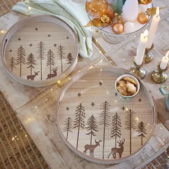 Vaisselle De Noël|Déco De Table|KAEMINGK Lot de 2 plateaux ronds en (D34-D29 cm) Sapins de Noël Bois