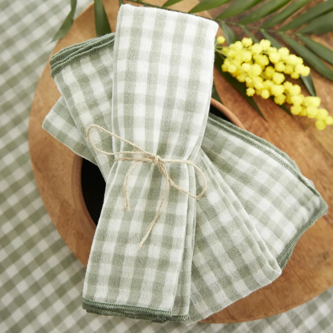 Serviette De Table|EMINZA Lot de 3 serviettes gaze de coton (40 x 40 cm) Gaïa vichy Vert Eucalyptus