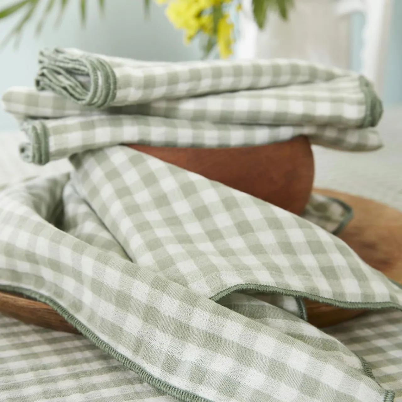 Serviette De Table|EMINZA Lot de 3 serviettes gaze de coton (40 x 40 cm) Gaïa vichy Vert Eucalyptus