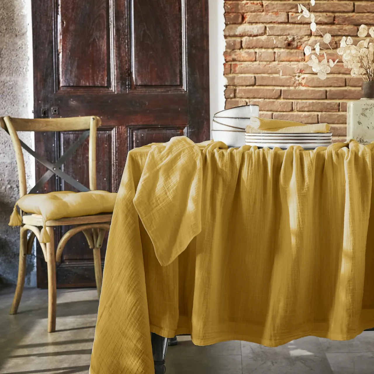 Serviette De Table|EMINZA Lot de 3 serviettes gaze de coton (40 x 40 cm) Gaïa Jaune safran