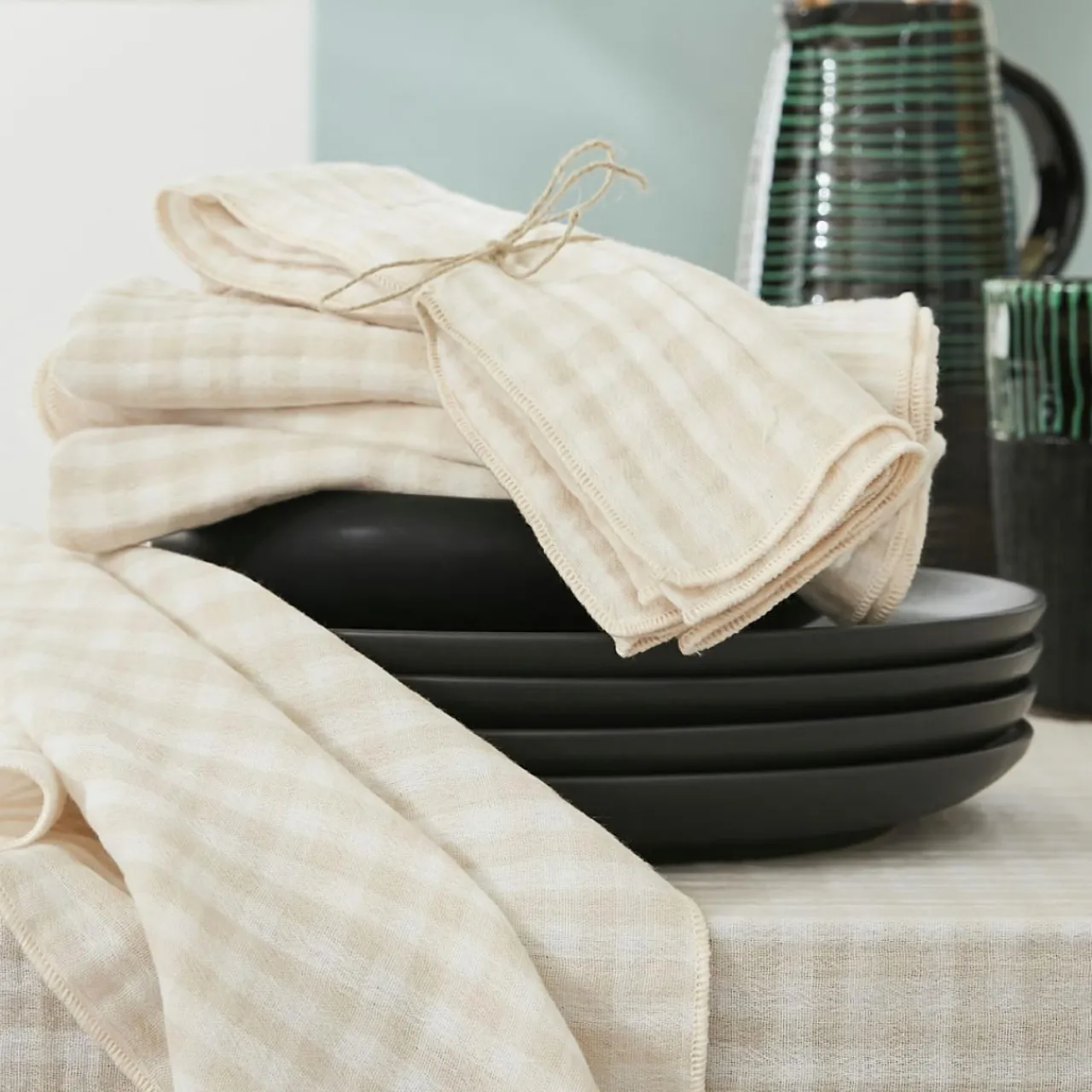 Serviette De Table|EMINZA Lot de 3 serviettes gaze de coton (40 x 40 cm) Gaïa vichy Beige