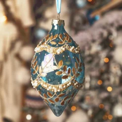 Boule De Noël|Décoration De Sapin|KAEMINGK Lot de 2 suspensions de Noël en verre (H14 cm) Feuillages d'hiver Bleu