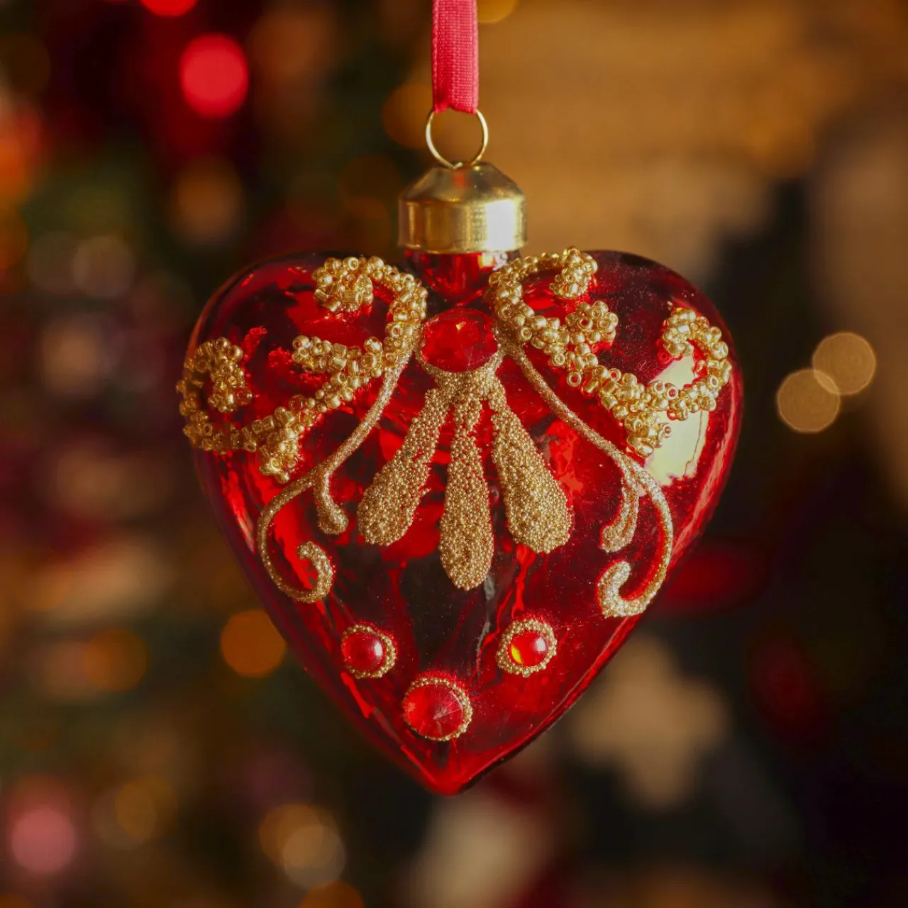 Décoration De Sapin|KAEMINGK Lot de 2 suspensions en verre (H8 cm) Coeurs précieux pailleté or Rouge