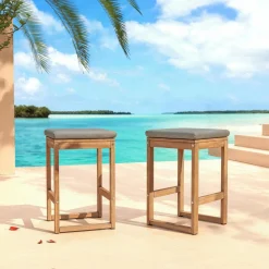 Chaise De Jardin|MOBELLIA Lot de 2 tabourets hauts de jardin en bois d'acacia Bornéo Gris Anthracite