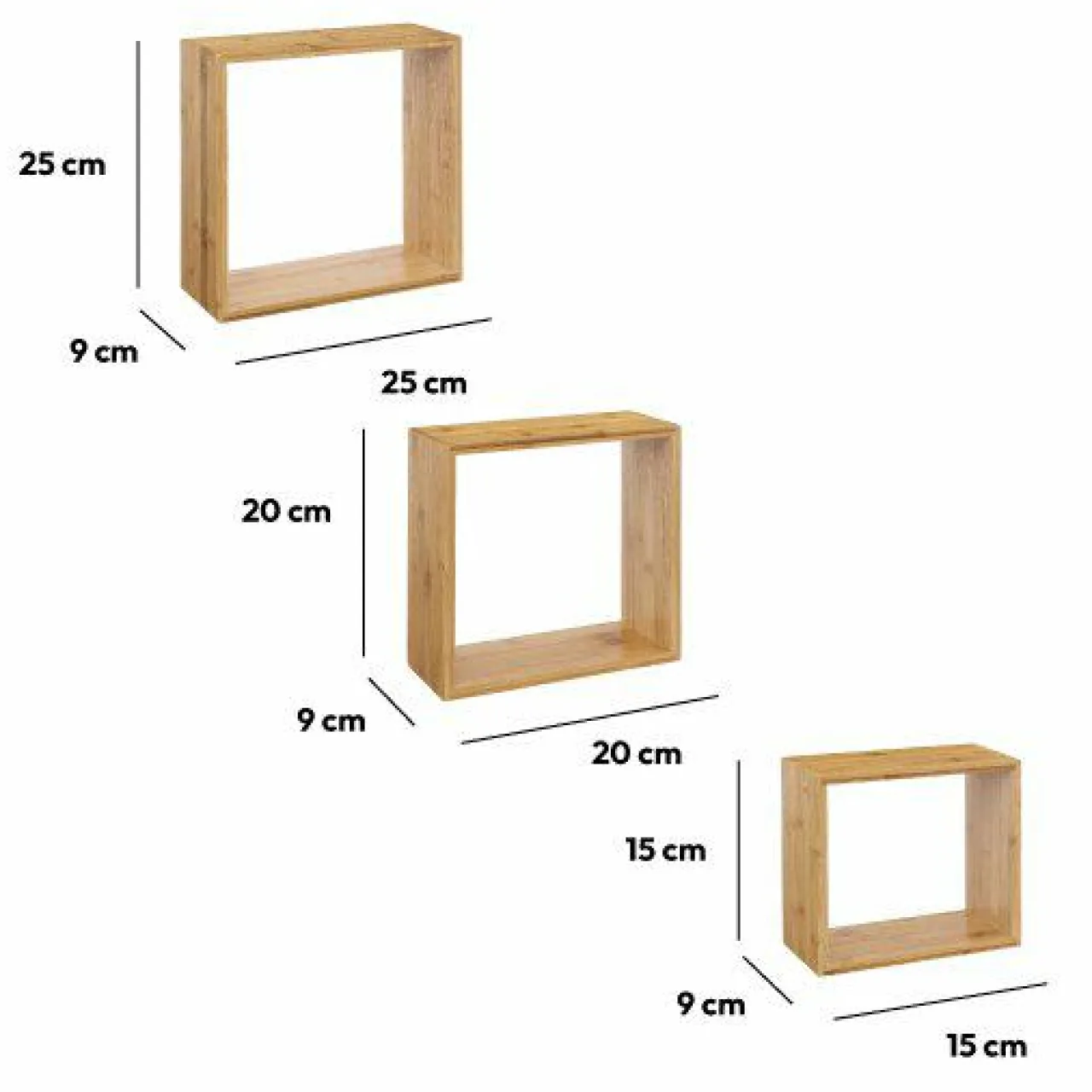Étagère Murale|ATMOSPHERA Lot de 3 étagères bambou (H15-20-25 cm) Cube Fixy Naturel Bois