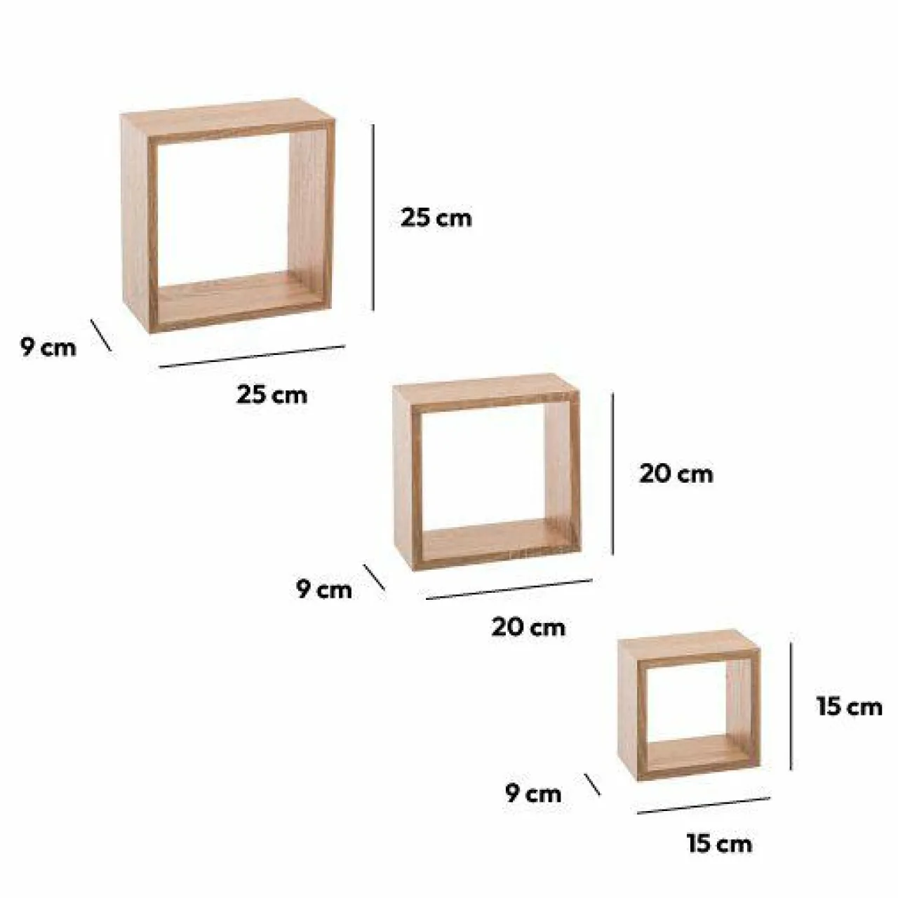 Étagère Murale|ATMOSPHERA Lot de 3 étagères (H15-20-25 cm) Cube Naturel Bois