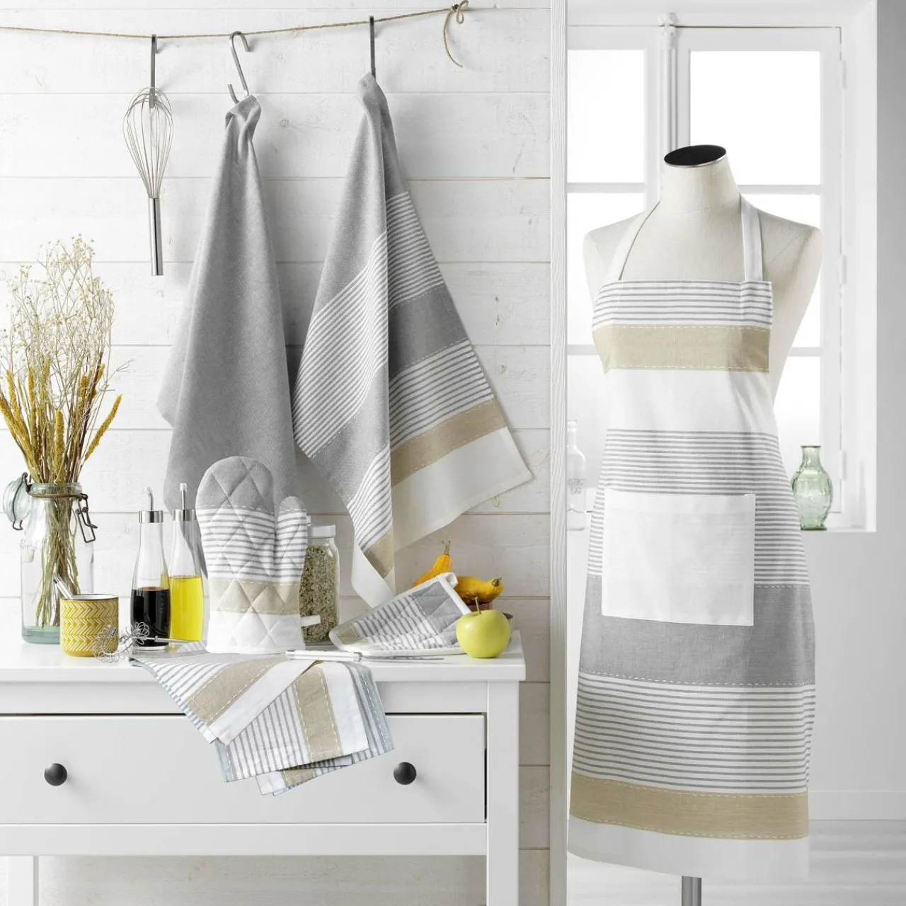 Accessoire Cuisine|douceur d'intu017drieur Lot de 2 torchons coton tissé (50 x 70 cm) Iliade Blanc Gris