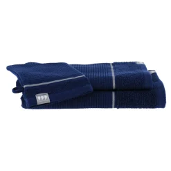 Linge De Bain|Serviette De Bain|TENDANCE Lot de serviettes de bain 50x90 cm + 70x130 cm + 1 gant de toilette Japandi et argent Bleu marine