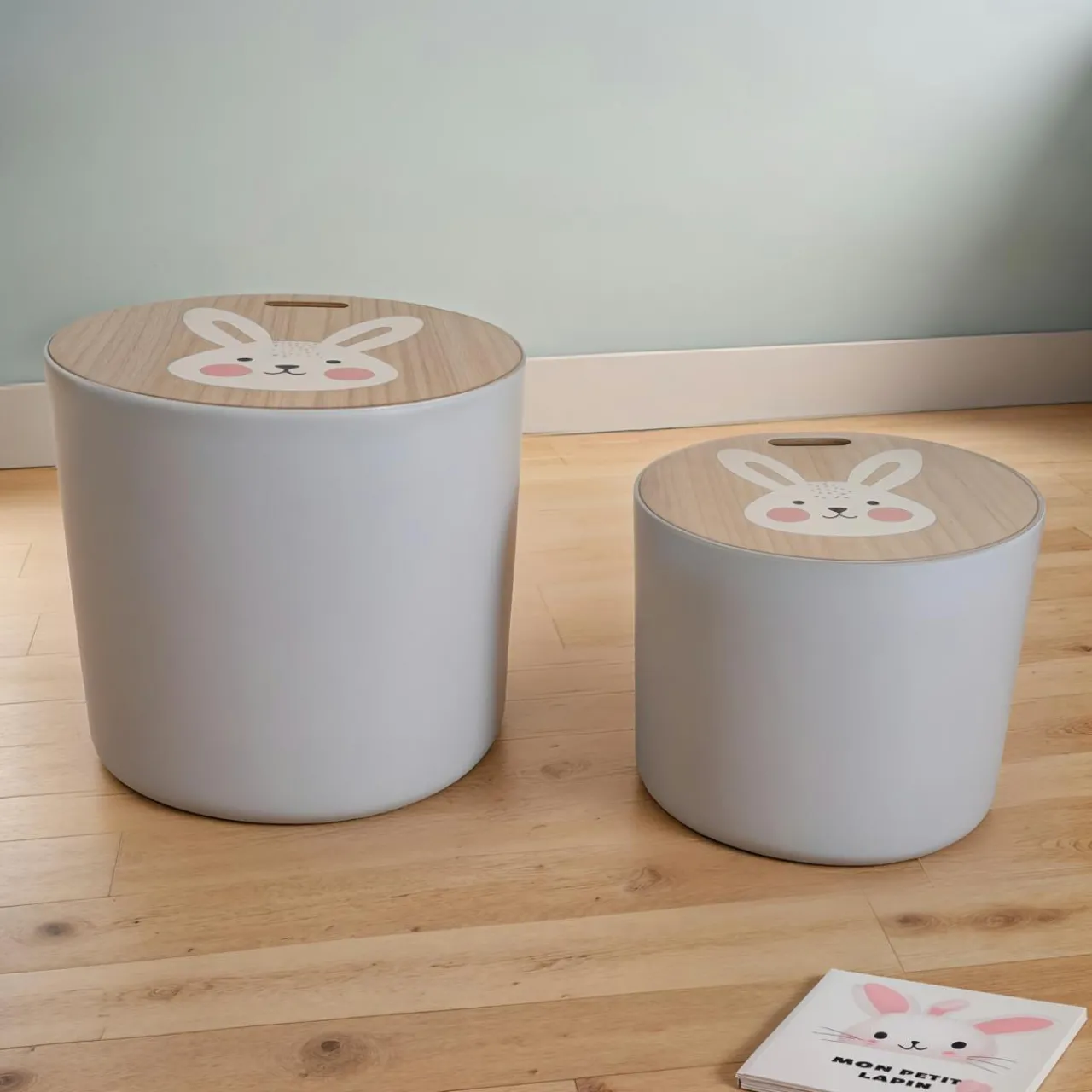 Petit Meuble Enfant|EMINZA Lots de 2 poufs de rangement gigognes enfant bois (H31 et 24 cm) Lapin Gris
