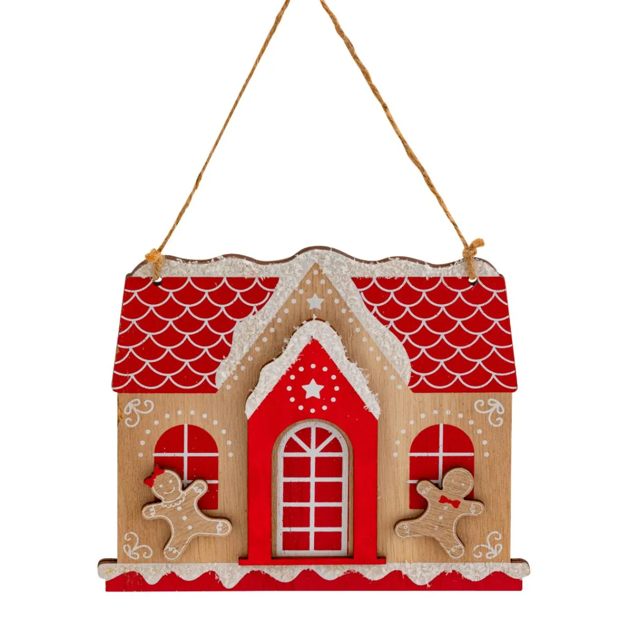 Déco Et Objet De Noël|JJA Maison à suspendre en bois (H15 cm) Heureux pain d'épices Rouge