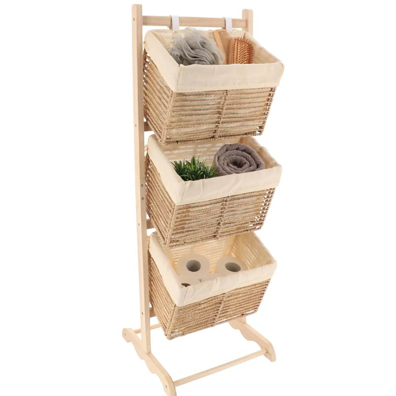 Meuble Salle De Bain|Rangement Salle De Bain|TENDANCE Meuble de rangement 3 paniers inclinés (H102 cm) Paulownia Beige