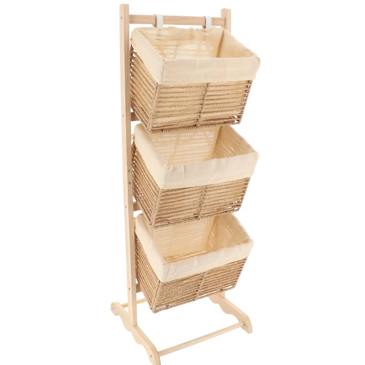 Meuble Salle De Bain|Rangement Salle De Bain|TENDANCE Meuble de rangement 3 paniers inclinés (H102 cm) Paulownia Beige