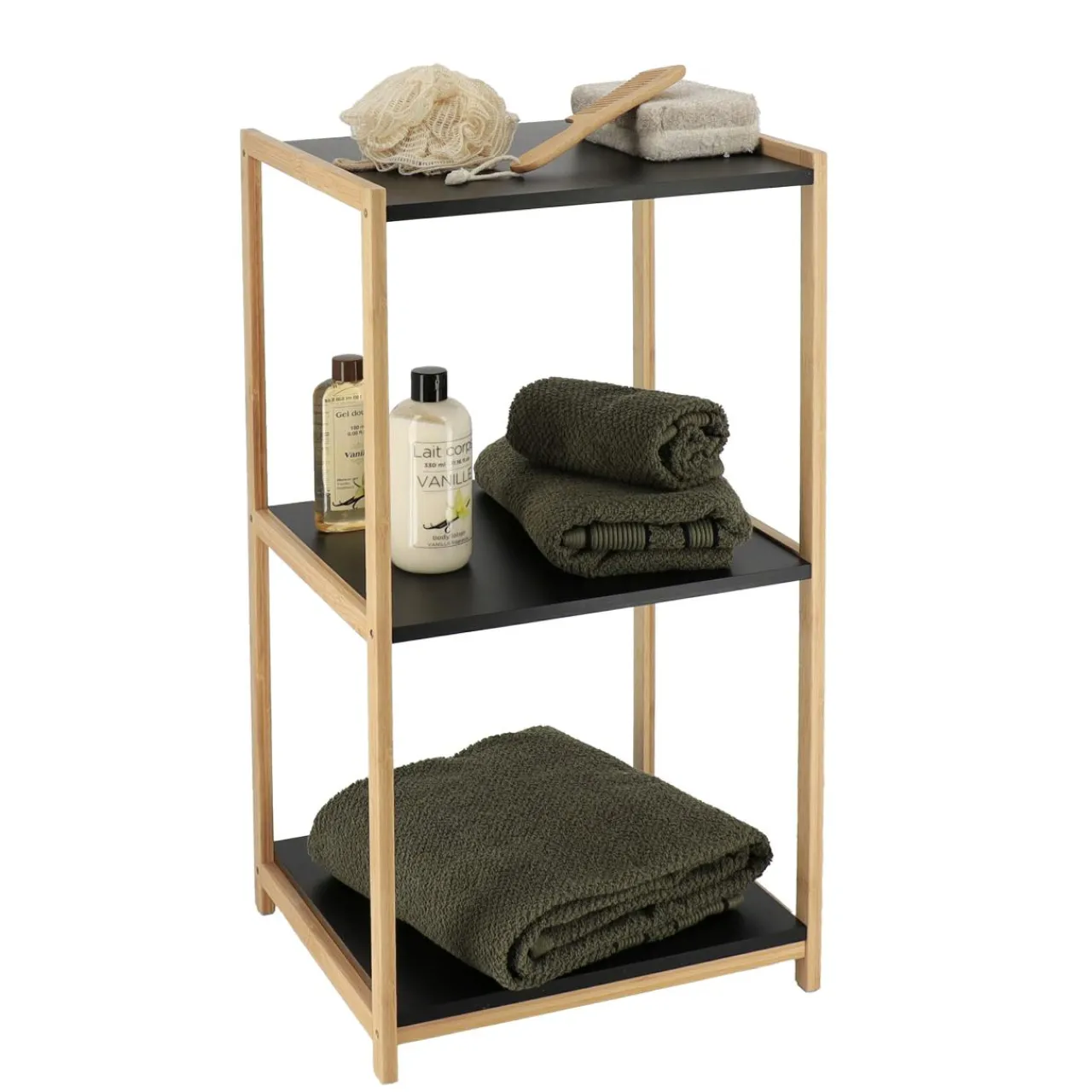Meuble Salle De Bain|Rangement Salle De Bain|TENDANCE Meuble de rangement bambou 3 étagères (35 x H68 cm) Harmonie Noir
