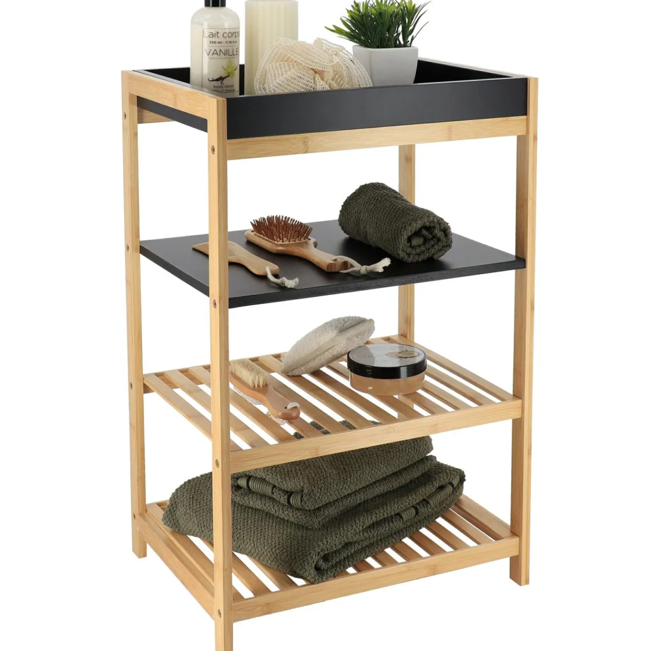 Meuble Salle De Bain|Rangement Salle De Bain|TENDANCE Meuble de rangement bambou 4 étagères (H70 cm) Harmonie Noir