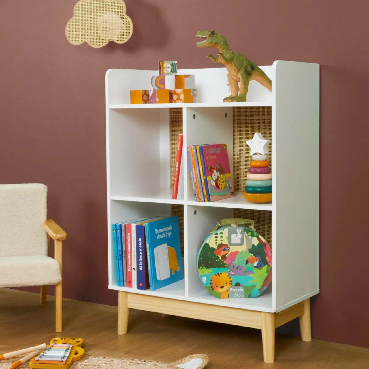 Petit Meuble Enfant|EMINZA Meuble de rangement enfant bois 4 niches (H86 cm) Stars Blanc
