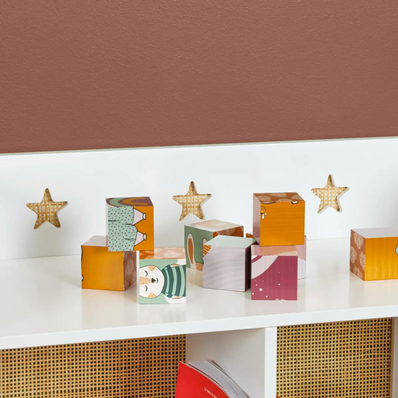 Petit Meuble Enfant|EMINZA Meuble de rangement enfant bois 4 niches (H86 cm) Stars Blanc