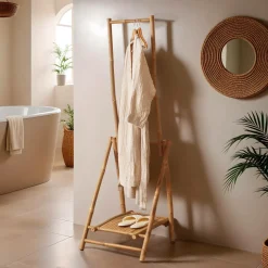 Meuble Salle De Bain|Rangement D'Entrée|EMINZA Meuble portant pliable avec penderie en bambou (H176 cm) Hanoï Naturel