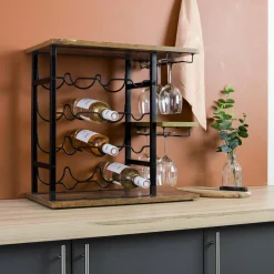 Range Bouteilles|EMINZA Meuble range-bouteilles industriel 12 emplacements et porte-verres (H50 cm) Arthur Noir