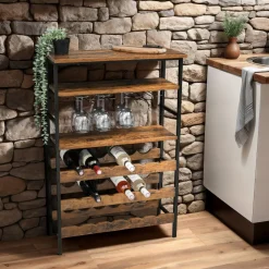 Range Bouteilles|EMINZA Meuble range-bouteilles industriel 18 emplacements et porte-verres (H100 cm) Hugo Marron