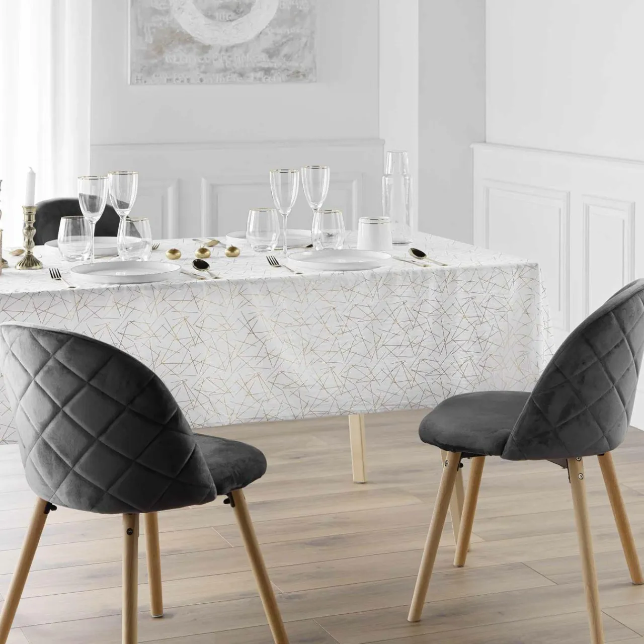 Nappe Et Chemin De Table|douceur d'intu017drieur Nappe de Noël rectangulaire anti tache (140 x 240 cm) Mikado et doré Blanc