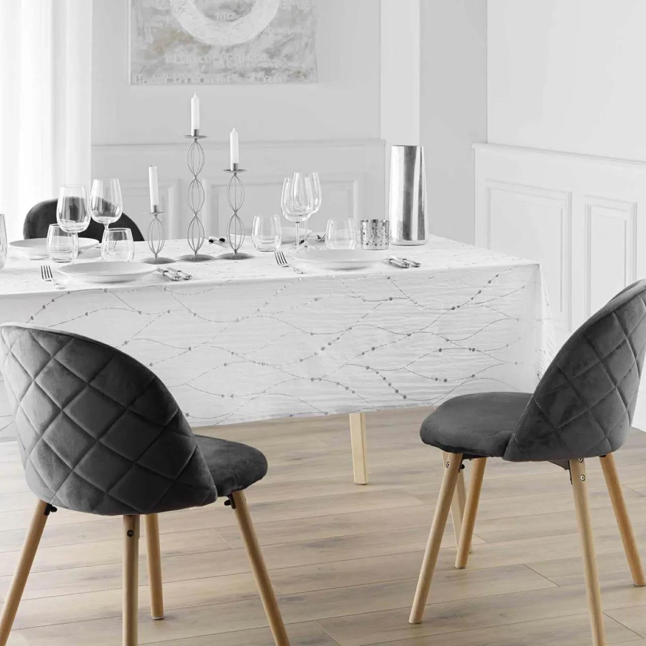 Nappe Et Chemin De Table|Douceur d interieur Nappe de Noël rectangulaire (140 x 240 cm) Astrelia et argent Blanc