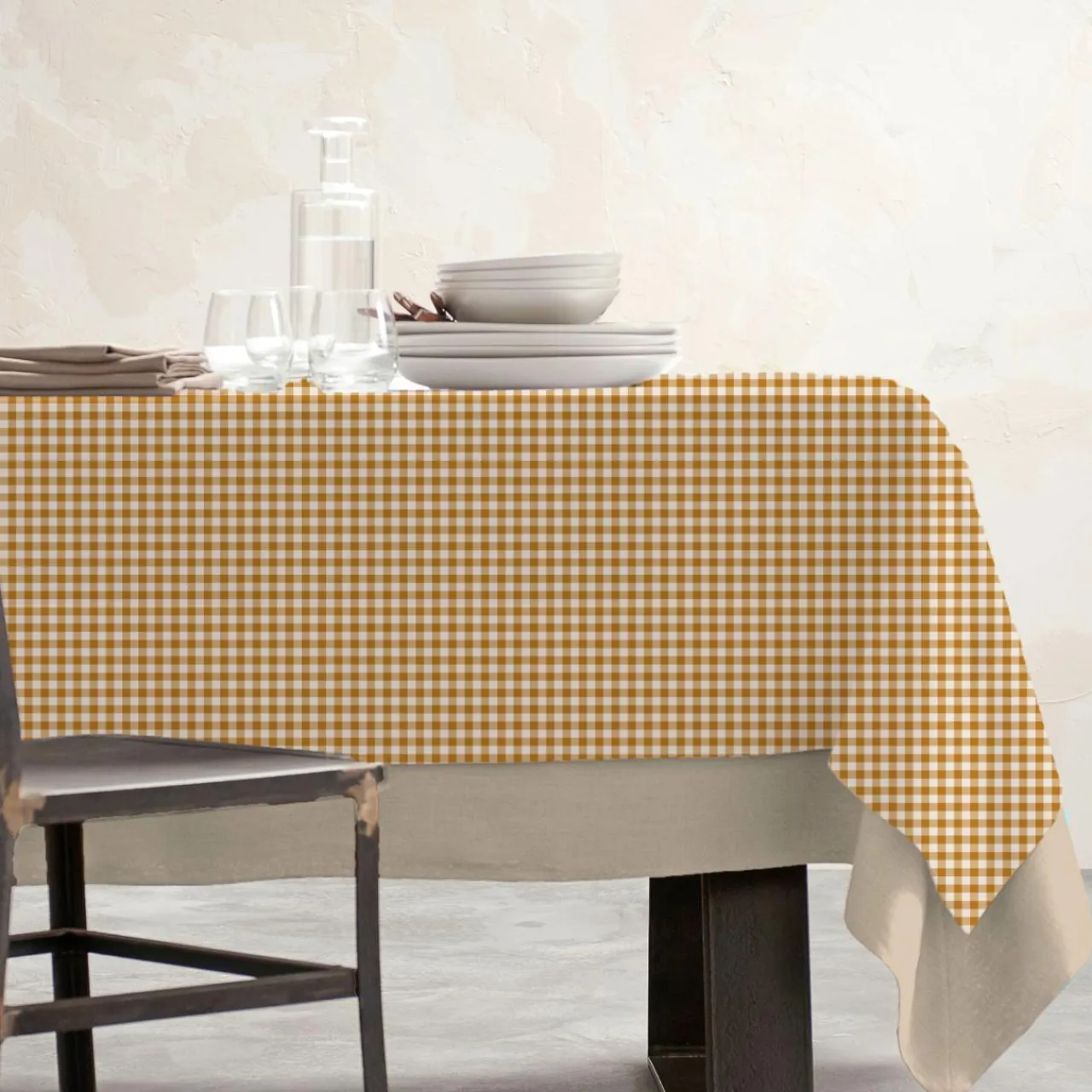 Nappe De Table|EMINZA Nappe rectangulaire coton enduit (150 x 350 cm) Vichy Jaune moutarde