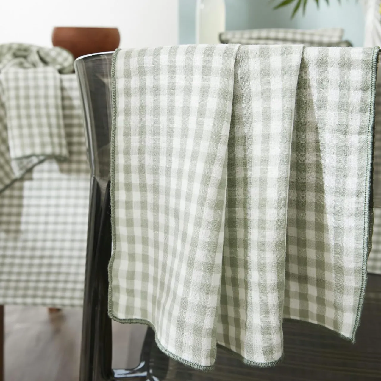 Nappe De Table|EMINZA Nappe rectangulaire gaze de coton (150 x 250 cm) Gaïa vichy Vert Eucalyptus