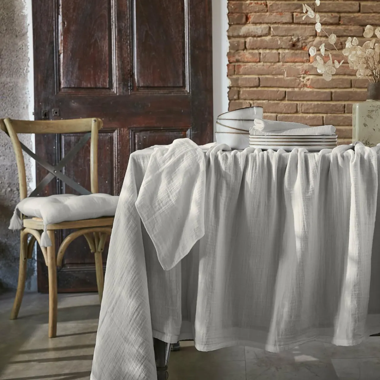 Nappe De Table|EMINZA Nappe rectangulaire gaze de coton (150 x 250 cm) Gaïa Gris nuage Gris clair