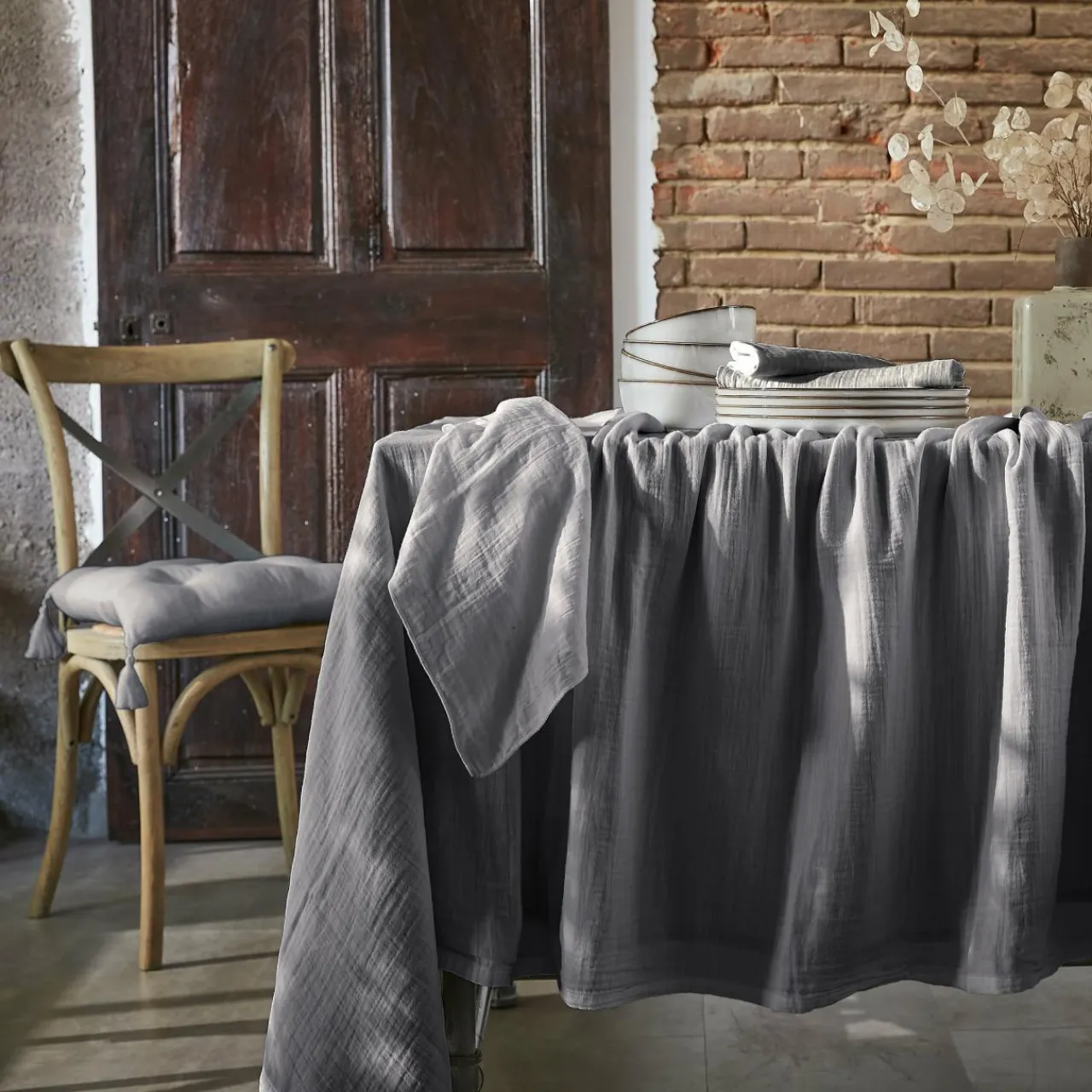Nappe De Table|EMINZA Nappe rectangulaire gaze de coton (150 x 250 cm) Gaïa Gris granit Gris foncé