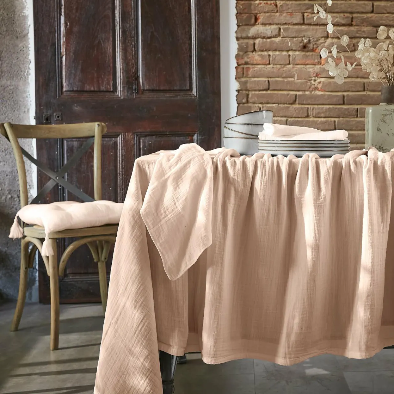 Nappe De Table|EMINZA Nappe rectangulaire gaze de coton (150 x 250 cm) Gaïa Rose poudré