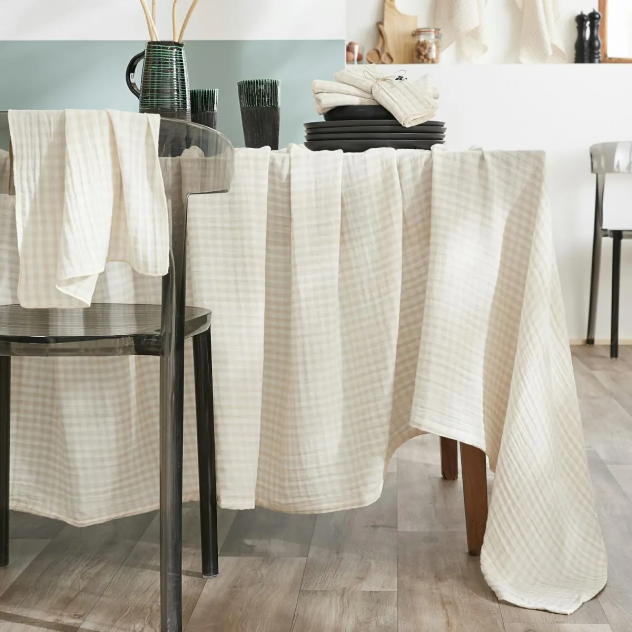 Nappe De Table|EMINZA Nappe rectangulaire gaze de coton (150 x 250 cm) Gaïa vichy Beige