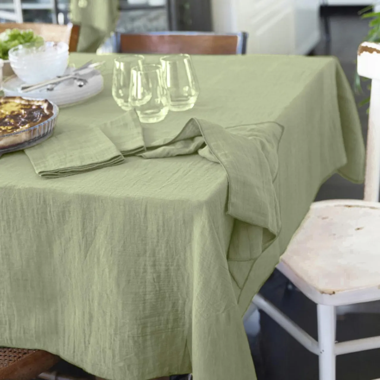Nappe De Table|EMINZA Nappe rectangulaire gaze de coton (150 x 350 cm) Gaïa Vert tilleul