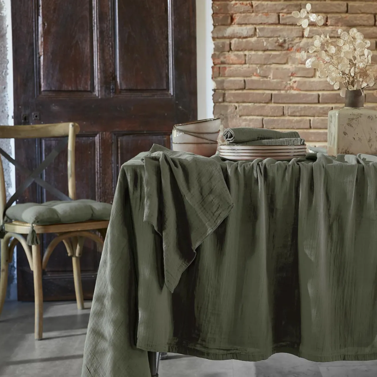 Nappe De Table|EMINZA Nappe rectangulaire gaze de coton (150 x 350 cm) Gaïa Vert romarin