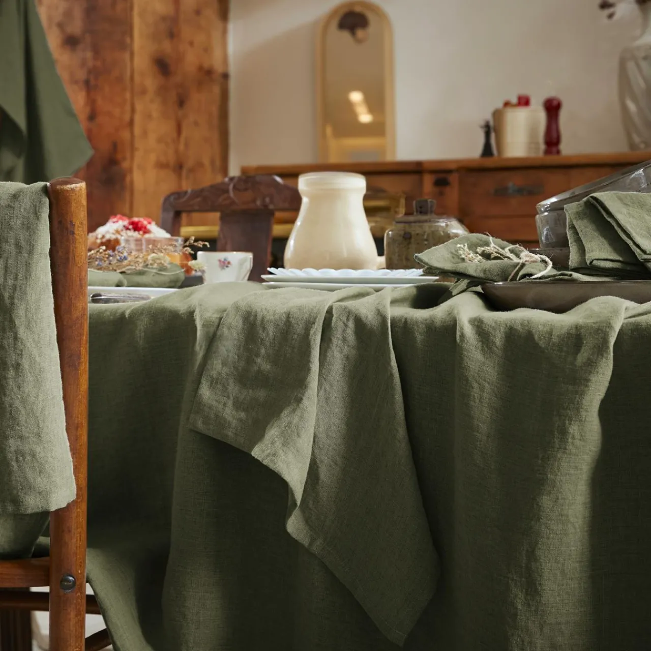 Nappe De Table|EMINZA Nappe rectangulaire lin lavé (170 x 350 cm) Louise Vert romarin