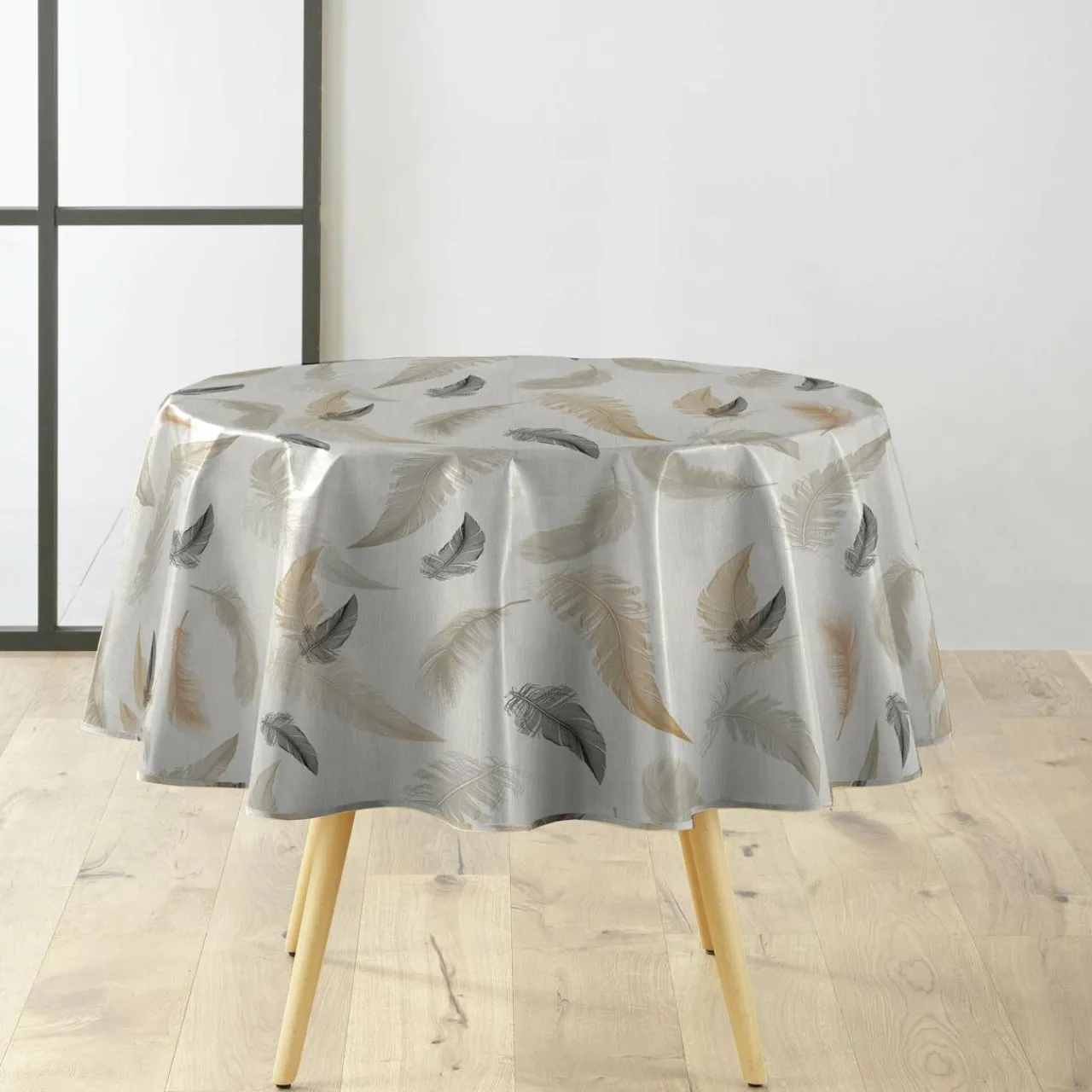 Nappe De Table|douceur d'intu017drieur Nappe ronde anti tache tissu PVC imperméable (D160 cm) Folea Taupe