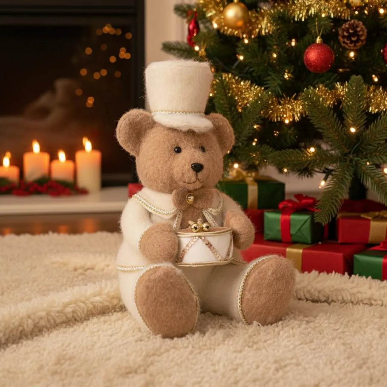 Père Noël, Animaux Et Personnage|KOOPMAN Ours de Noël assis (H41 cm) Tambour d'or Crème Beige