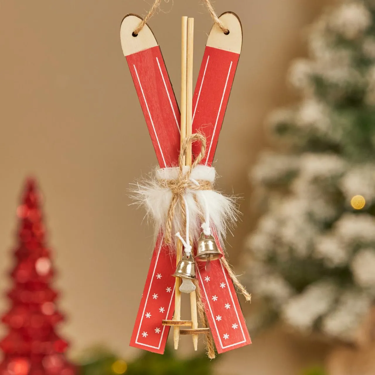 Décoration De Sapin|JJA Paire de ski à suspendre en bois (H17 cm) Manigod Rouge