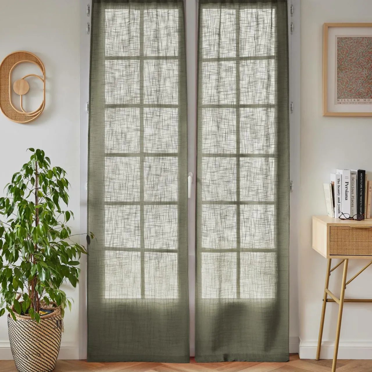 Voilage|EMINZA Paire de voilages passe-tringle effet lin (70 x 200 cm) Robin Vert romarin